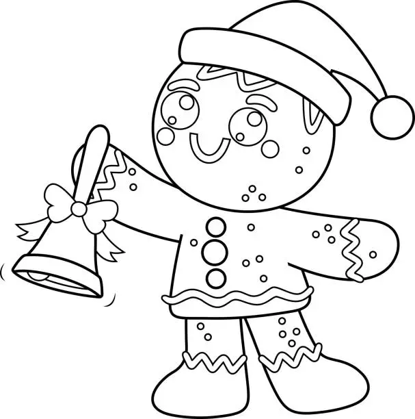 Vector illustration of Outlined Cute Christmas Gingerbread Man Cartoon Character Ringing A Bell