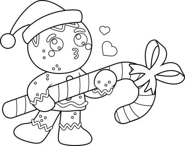 Vector illustration of Outlined Cute Christmas Gingerbread Man Cartoon Character Sends Kisses And Holding Big Candy Cane