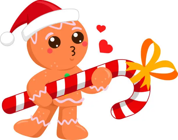 Vector illustration of Cute Christmas Gingerbread Man Cartoon Character Sends Kisses And Holding Big Candy Cane