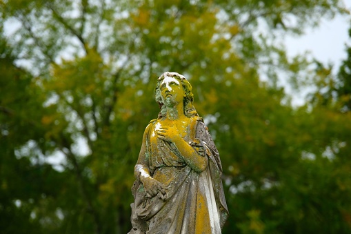 A closeup shot of an aged, moss-covered statue situated in a lush green park