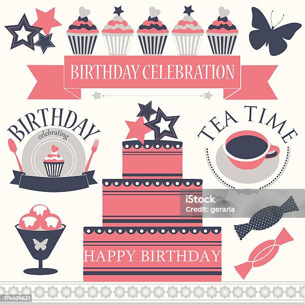 Ilustración de Vector Conjunto De Iconos De Colores Retro Cumpleaños y más Vectores Libres de Derechos de Helado - Comida dulce congelada