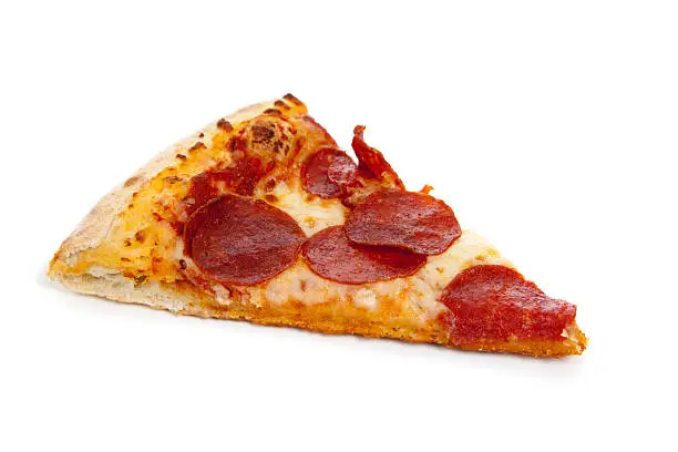 A slice of Pepperoni pizza on a white background