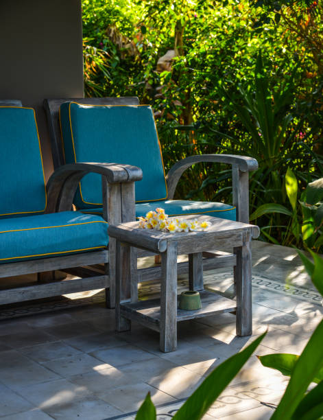 istock Wooden relaxing chairs at eco resort 1744352350