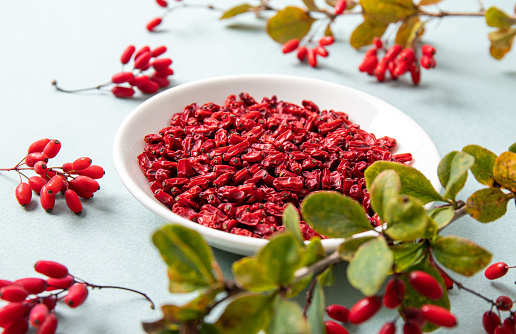 Pile of dried Berberis vulgaris also known as common barberry, European barberry or barberry on plate in home kitchen. Edible herbal medicinal red fruit plant.