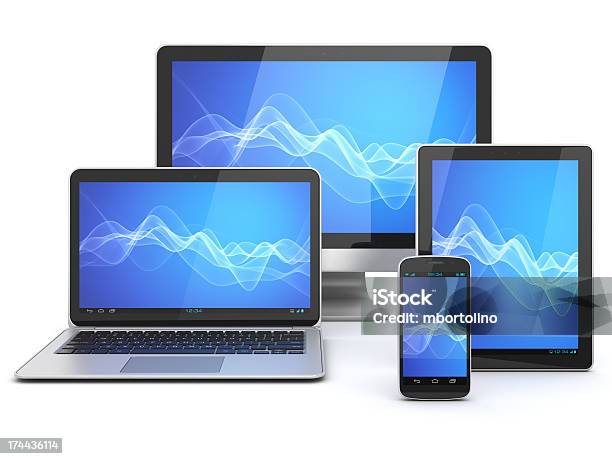 Modern Computer Devices Stock Photo - Download Image Now - Desktop PC, Smart Phone, Blue