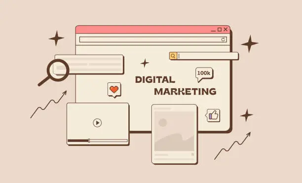 Vector illustration of Digital Marketing concept in retro style. Old computer interface with browser window, search bar, social media statistic, multimedia player. SEO analysis, SMM, web app development. Vector illustration