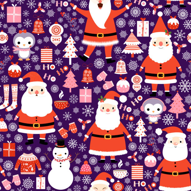 stockillustraties, clipart, cartoons en iconen met cute vector seamless christmas pattern with santa claus, penguin, snowman and holiday trees - hot chocolate purple