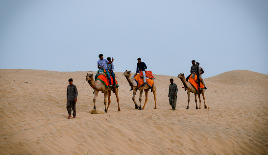 Jaisalmer, India - Nov 8, 2017. Riding camel on Thar Desert in Jaisalmer, India. Thar Desert is a large arid region in the northwestern part of the Indian.