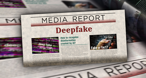 Deepfake AI disinformation fake news and misinformation vintage news and newspaper printing. Abstract concept retro headlines 3d illustration.