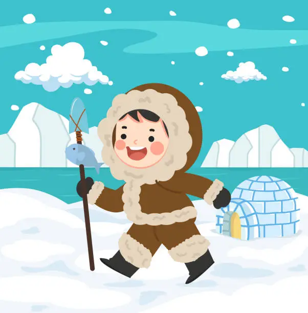 Vector illustration of Eskimo boy with fish catch North pole Arctic