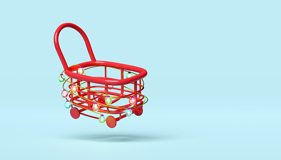 3d shopping carts empty with glass transparent lamp garlands. online shopping sale, merry christmas and happy new year, 3d render illustration