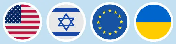 Vector illustration of USA, Israel, European Union, Ukraine. Flags of different countries. A set of stickers.