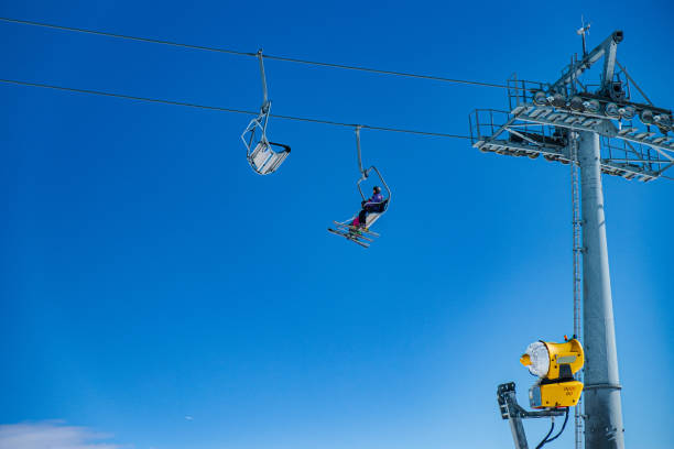 istock Low angle view on ski lifts going above against clear blue sky in winter 1744376415