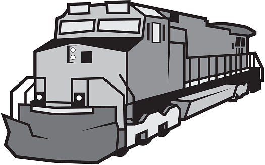 A greyscale illustration of a train engine.