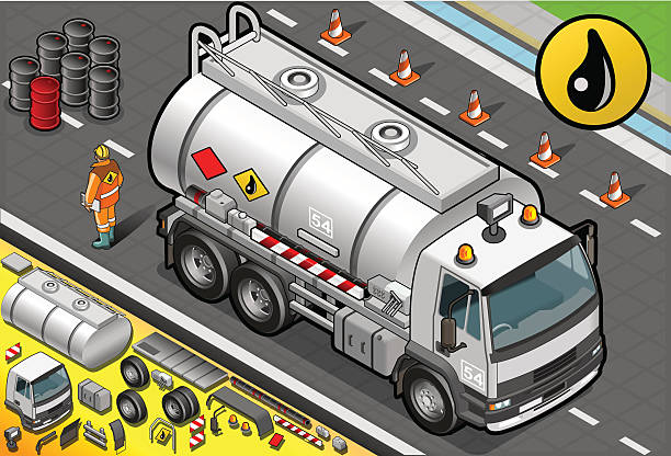 cysterna ciężarówki isometric cieczy w widok z przodu - fuel tanker truck storage tank isometric stock illustrations