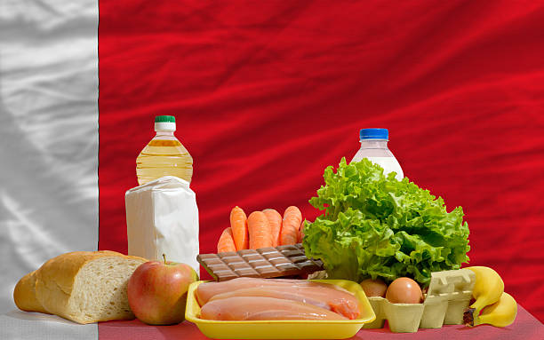 istock basic food groceries in front of bahrain national flag 174438371
