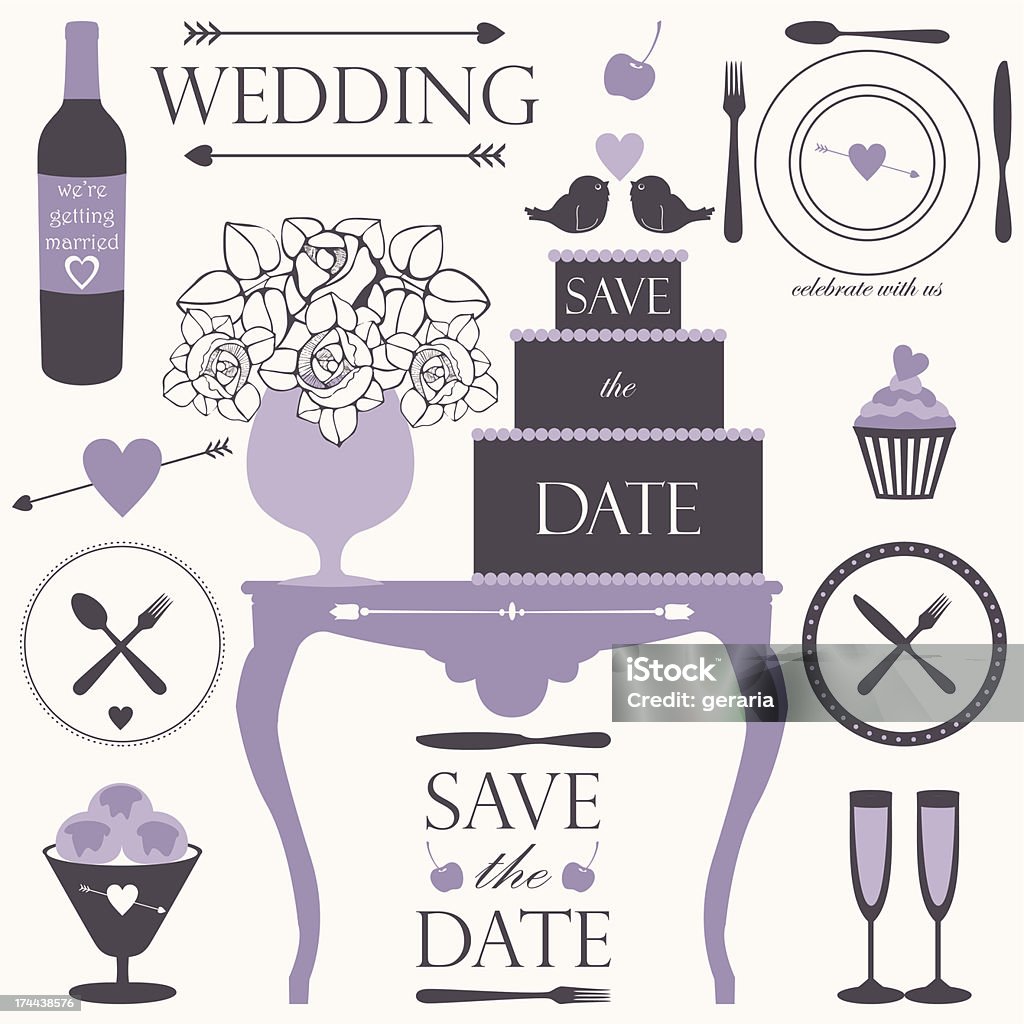 Vector collection of  wedding and dinner elements  in lavender colors Vector collection of decorative wedding and dinner elements and signs in lavender colors Champagne stock vector