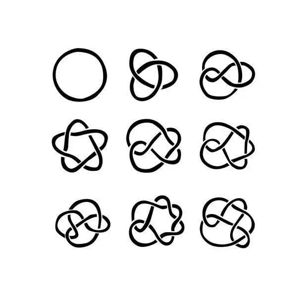 Vector illustration of An abstract composition of black and white symbols and shapes. It includes an infinity symbol, Celtic knot symbols, a circle, and a star.