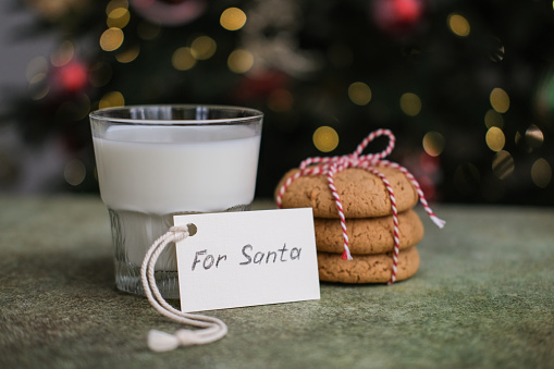 Milk, cookies and a card with text for Santa on a Christmas tree background