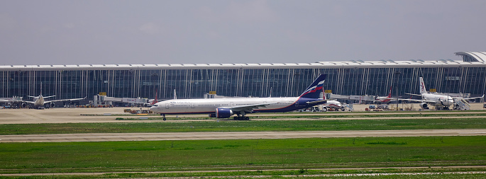 Shanghai, China - Jun 3, 2019. VP-BGD Aeroflot Russian Airlines Boeing 777-300ER taxiing on runway of Shanghai Pudong Airport (PVG).