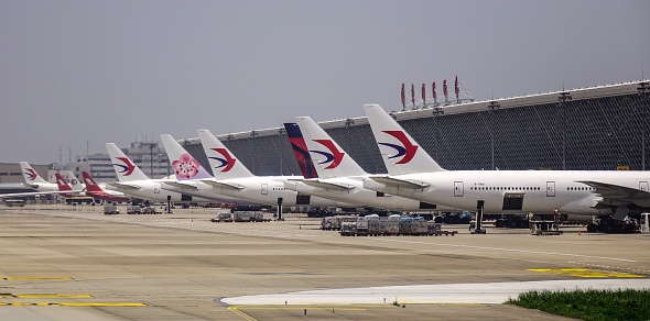 Shanghai, China - Jun 3, 2019. China Eastern Airlines airplanes docking at Shanghai Pudong Airport (PVG).