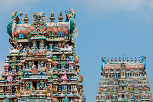 A view of two of the towers of Sri Meenakshi temple in Madurai, Tamil Nadu, India.  http://freeweb.siol.net/yupi303/istock/banner-india.jpg