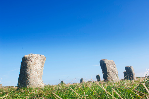 Low angle view of the Merry Maidens Stone Circle. One of many bronze age structures found in Cornwall.