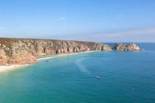 The sandy beach at Porthcurno, Cornwall, UK