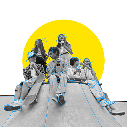 Teens, friends spending good time together, having fun and joy. Communication and leisure. Contemporary art collage. Concept of international youth day, youth culture, creative, holiday, freedom, ad