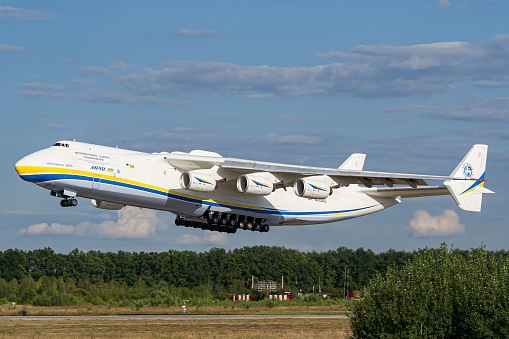 The biggest aircraft in the world —Antonov Airlines An-225 Mriya taking off from Hostomel Airport