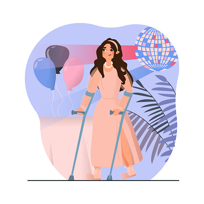 Young woman in beautiful dress with support canes celebrate on party. Holiday, birthday concept. Recovery process, back to normal life. Flat vector illustration in cartoon style