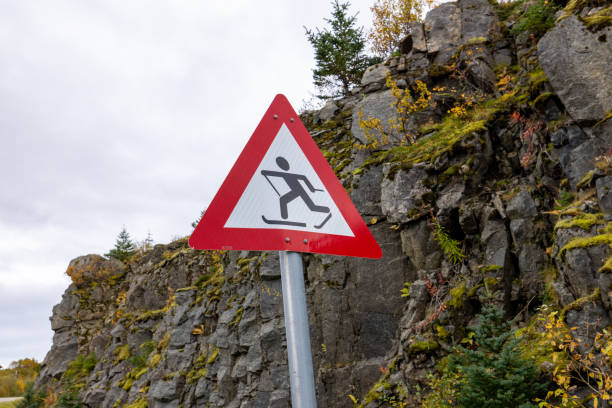 Cross-country skiing warning sign in the Lofoten Islands mountains , Norway