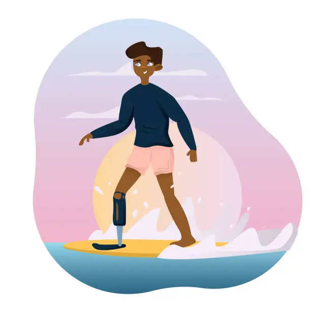 Vector illustration of American young male floats on surfboard on sea at sunset. Active life for disabled person