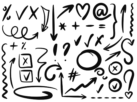 Hand drawn arrows, shapes and signs for notes and diary. Doodle squiggle, ink line, wave, highlight clip art. Simple black sketches group for office and study, social networks, vector illustration