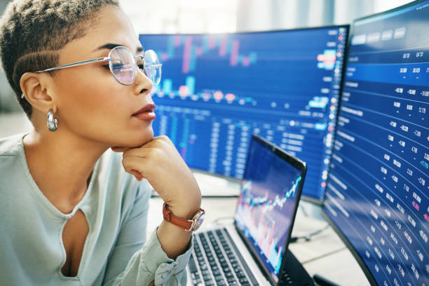 istock Woman, thinking at computer screen with trading, dashboard and financial information with investment and trader. Stock market stats, finance and data analysis with cryptocurrency and numbers chart 1744456986