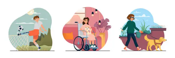 Vector illustration of Boy with prosthetic leg playing football. Young female on wheelchair holding cat, resting at home