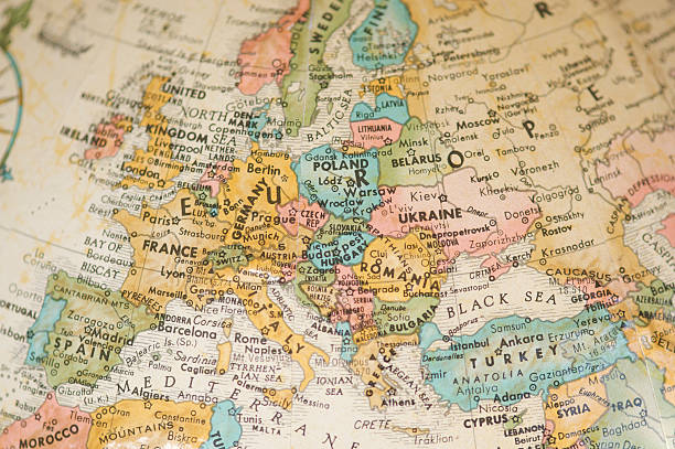 Antique Vintage Map of Europe Selective Focus Sepia Selective focus view of vintage antique map of Europe on a faded sepia antique globe map of europe stock pictures, royalty-free photos & images