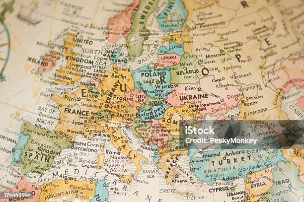 Antique Vintage Map Of Europe Selective Focus Sepia Stock Photo - Download Image Now
