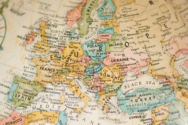Photo of Antique Vintage Map of Europe Selective Focus Sepia