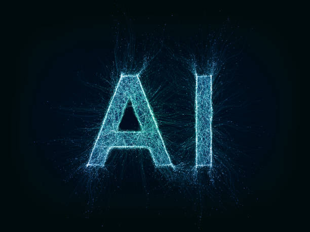 Artificial intelligence futuristic word AI Artificial intelligence futuristic word with thin expansion glowing lines. AI concept. Neural network, machine learning, quantum computer, big data. Overlay color, easy to change. Vector illustration neon turquoise stock illustrations