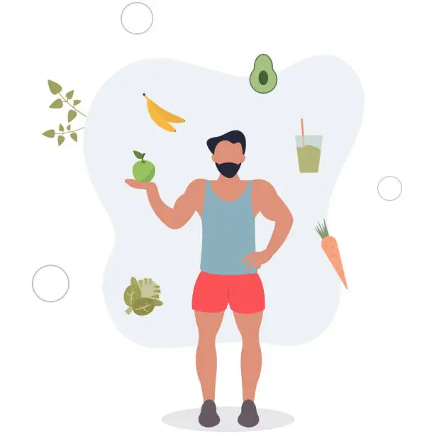 Vector illustration of Male trainer with healthy food. Balanced diet, personal sport training.flat vector illustration.