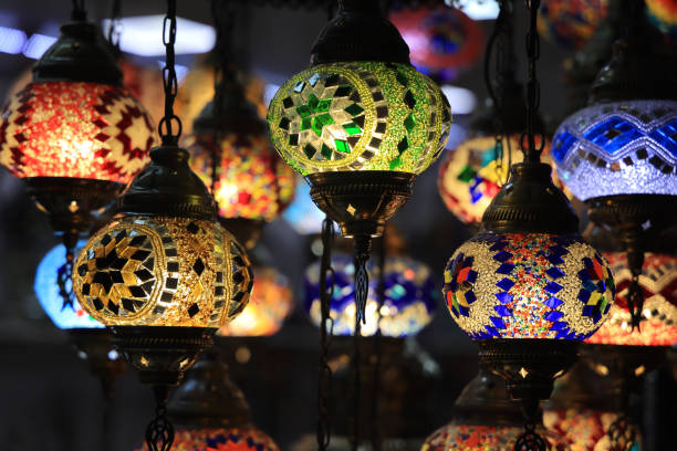 Turkish lamps at dark blue background . Mosaic Table Lamp in arabic style