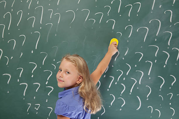 istock Little school girl erasing question marks on blackboard 174449165