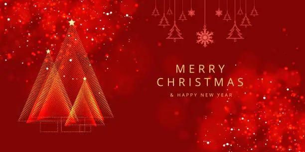 Vector illustration of Golden colored triangular tree with star over a vibrant dark maroon red horizontal Xmas festive vector backgrounds for greeting cards with text message Merry Christmas