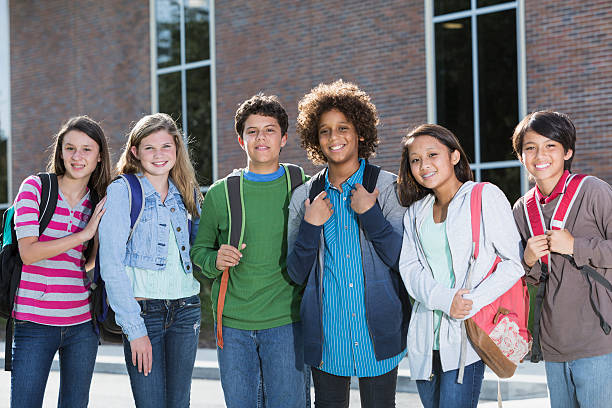 Students standing outside building Multi-ethnic group of students standing outside school building. junior high photos stock pictures, royalty-free photos & images
