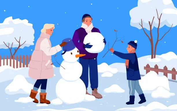 Vector illustration of Happy family people build snowman in winter snow scenery, mother, father and child play