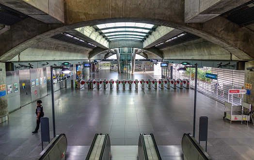 Singapore - Mar 26, 2019. Interior of MRT Station in Singapore. The MRT is a rapid transit system forming the major component of the railway system in Singapore.