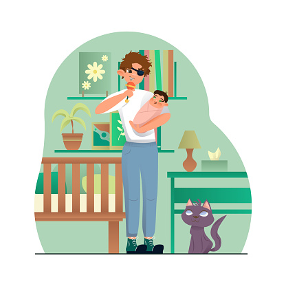 Man with eye patch holding little baby and shows toy. Parent with disability. Adaptation of people with injuries to normal life. Vector flat illustration in green colors