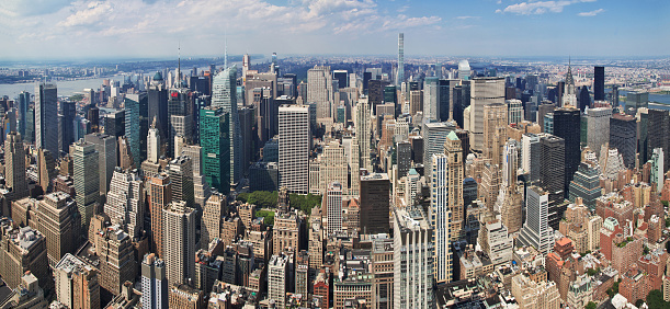 Manhattan, New York / U.S. - July 14, 2023: Aerial view of Financial District in New York City, New York State, USA.