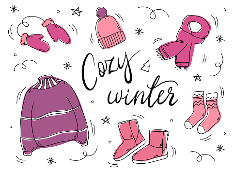 Winter clothes and warm accessories banner. Cozy winter banner. Hand drawn vector warm clothes in doodle style. Casual warm clothes. Poster cozy winter with elements winter wardrobe accessories